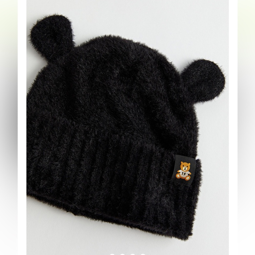 Teddy Fresh Fuzzy Bear Ear Beanie Black Embroidered Logo NWOT